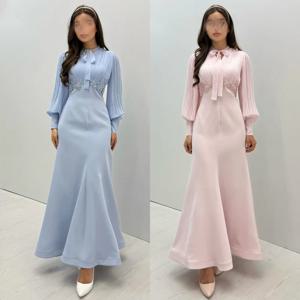 맞춤 제작된 주름 장식 하이 칼라 트럼펫 미디 드레스, 특별한 날을 위한 여성 우아한 파티 웨딩 게스트 클래식 드레스