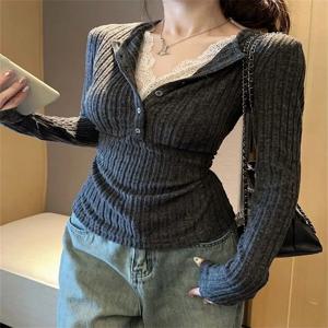여성용 레이스 패치워크 긴팔 티셔츠 베이스 셔츠 패션 빈티지 페이크 투피스 브이넥 티셔츠 미적 의류