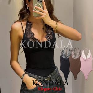 KONDALA 여성 트렌디 섹시 레이스 패치워크 바디수트 홀터 슬림 점프수트 2026 봄 여름 패션 파티 휴일 레이디 쉬스 탑