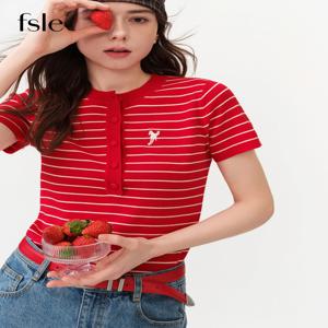 FSLE 빈티지 스타일 스트라이프 니트 탑 여성용 2026 여름 신상품 반팔 슬림핏 헨리 스웨터 크루넥 티셔츠