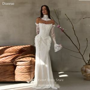 Dianruo 빈티지 레이스 플레어 슬리브 웨딩 드레스 아플리케 여성 이브닝 드레스 인어 롱 로브 드 마리에 맞춤형