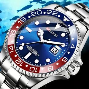 비즈니스 스테인레스 스틸 시계 40mm 클래식 레드 블루 서클 다이빙 시리즈 돋보기 달력 쿼츠 시계 montre homme