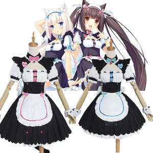 NEKOPARA 코스프레 Chocola 바닐라 코스프레 메이드 복장 여자 여자 풀 세트 귀여운 로리타 할로윈 파티 의상 가발