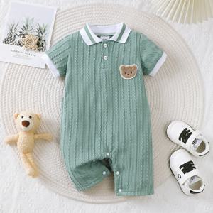 신생아 소년 Romper 짧은 소매 줄무늬 옷깃 작은 곰 패턴 신사 점프 슈트 여름 아기 Onesie1-18Months