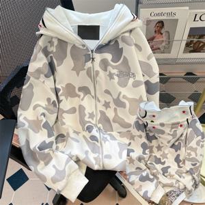 레트로 아메리칸 하이 스트리트 카무플라주 후드티 여성용 봄 가을 레이지 스타일 자수 지퍼 오픈 가디건 재킷