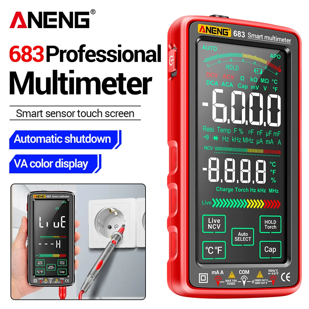 멀티미터 터치스크린 스마트 디지털 테스터 ANENG 683 AC/DC 전압 전류 NCV 유도 정전용량 저항 측정기
