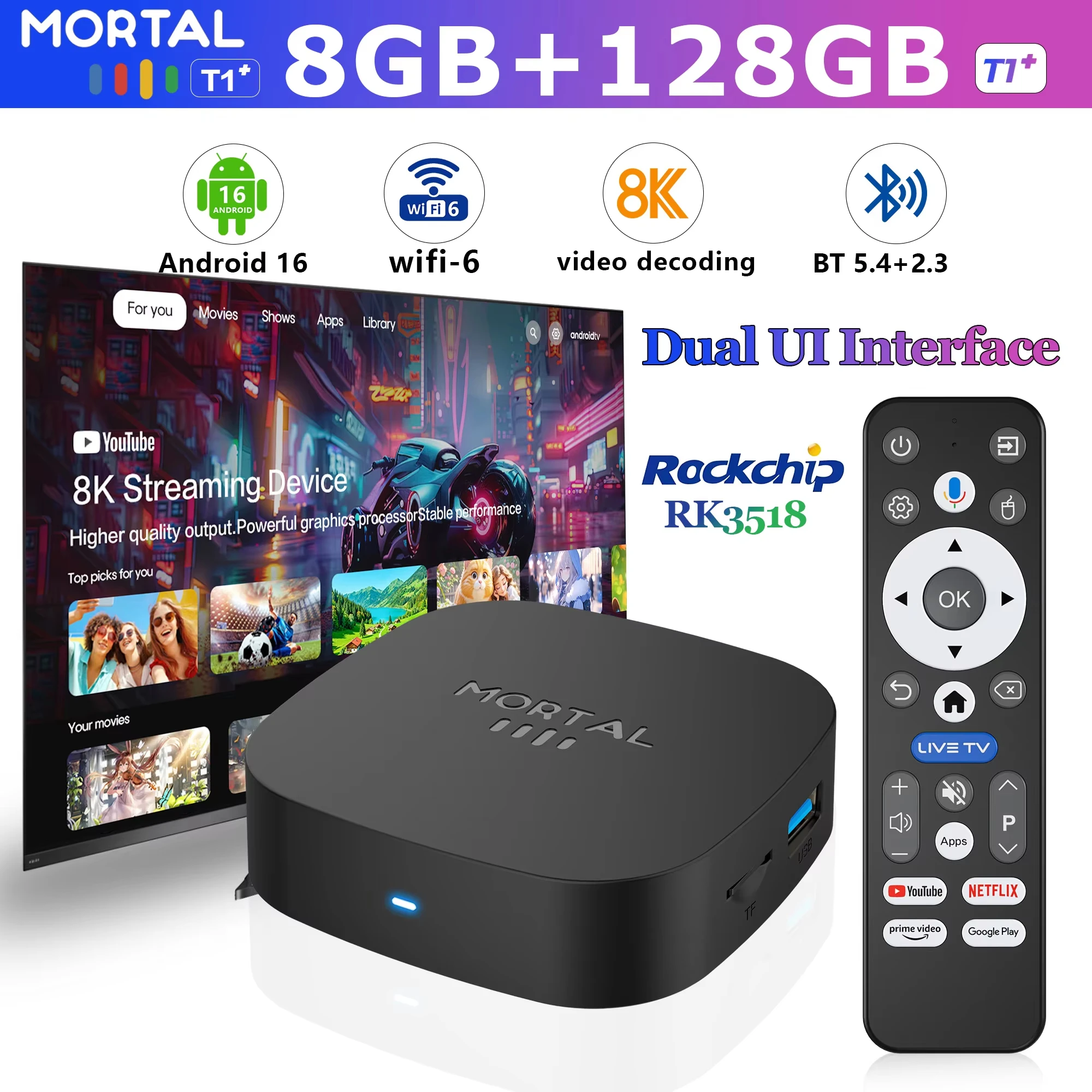 2026 뉴 T1+ 8K HD TV 박스 안드로이드 16.0 RK3518 쿼드 코어 8GB 램 128GB 롬 듀얼 와이파이 2.4G/5.8G 홈시어터 미디어 플레이어 울트라 HD