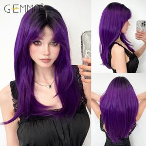 GEMMA 여성용 긴 스트레이트 다크 퍼플 합성 레이어드 가발, 앞머리 포함, 크리스마스 코스프레 로리타 헤어 가발, 내열성