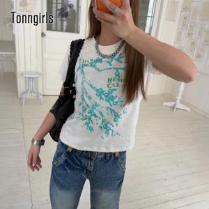 Tonngirls 한국 스타일 티셔츠 여성 반팔 프린트 그래픽 탑 스트리트웨어 Y2k 빈티지 탑 일본 2000년대 티셔츠 E-girls