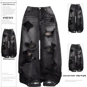 오리지널 헤비웨이트 블랙 그레이 와이드 레그 진 여성 루즈핏 빅사이즈 드레이프 라지 사이즈 롱 데님 팬츠 하이웨이스트 지퍼 클로저