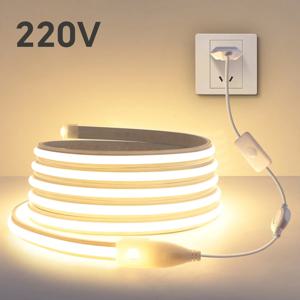순수 실리콘 LED 네온 라이트 스트립 220V 스위치 EU 플러그 방화 방수 자체 접착 COB 테이프 280LEDS/M 주방 장식