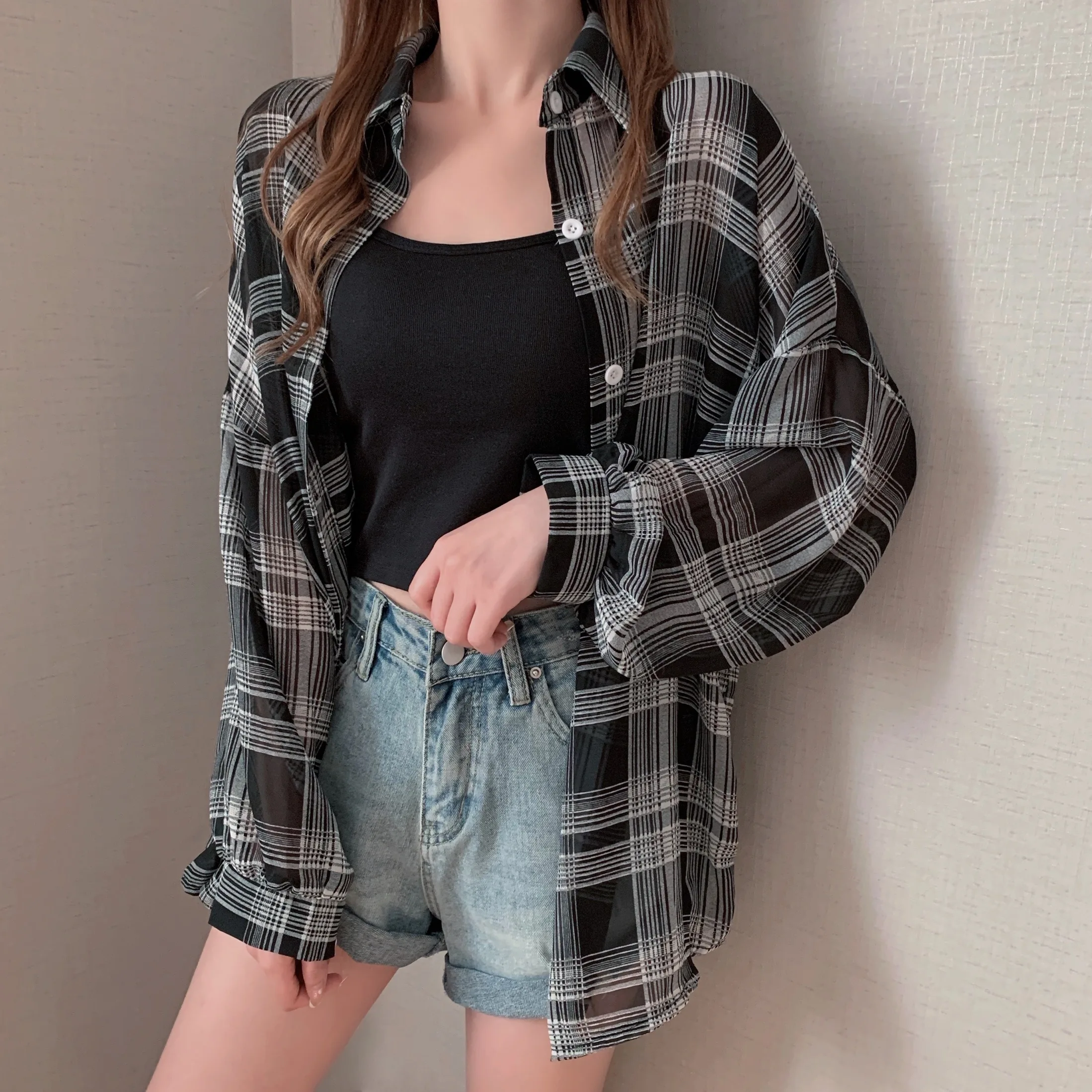 여성용 쉬폰 체크 무늬 셔츠, 오버사이즈 칼라, 단추 다운 블라우스, 여름용 캐주얼 복장