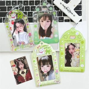 2pcs 귀여운 만화 고양이 카드 홀더 그린 톤 스타일 PVC Kpop 아이돌 사진 보관 펜던트