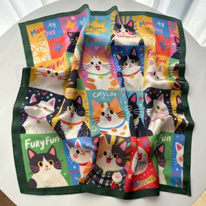 모조 실크 스퀘어 스카프 여성 동물 고양이 프린트 패션 액세서리 헤어밴드 푸아르드 반다나 넥커치프