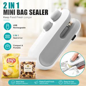 미니 백 실러 USB 충전식 2 in 1 열 실러 & 커터 휴대용 식품 봉투 재밀봉기 스낵 보관 주방 도구