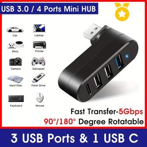 4포트 USB 3.0 허브 [90 ° , 180 °   회전 가능], USB 분배기, 3개의 USB 포트 및 1개의 USB C 전원/데이터 포트, 노트북, 자동차용 USB 확장기