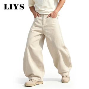 LIYS 남성용 아메리칸 베이지 루즈 와이드 레그 청바지 하이 웨이스트 스트리트웨어 힙합 패션 루즈 데님 바지 Y2K 레트로 캐주얼 바지