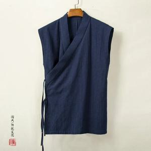 중국어 번체 의류 Hanfu 조끼 남성 리넨 코튼 민소매 탑 남성 당나라 정장 기모노 카디건