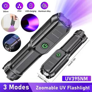 휴대용 UV 손전등 UV395NM Zoomable ABS 토치 3 가지 모드 애완 동물 스택 형광 감지를위한 캠핑 자외선 손전등