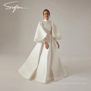 SSYTENS 무슬림 웨딩 드레스 폴드 퍼프 슬리브, 신부 새틴, 맞춤형 우아한 시민 신부 가운, 바닥 길이 가운