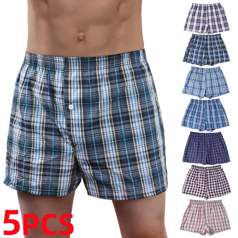 3/5/7 Pcs/lot 남성 격자 무늬 복서 루즈 반바지 속옷 캐주얼 탄성 허리띠 버튼 남성 복서 속옷 홈용 짠 반바지