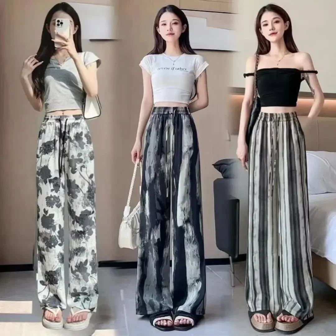 2025년 봄 여름 여성용 신상 중국풍 아이스 실크 와이드 레그 팬츠, 하이웨이스트 스트레이트 튜브 잉크 타이다이 캐주얼 팬츠