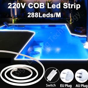 30m 50m LED COB 스트립 220V 288LEDs/m COB 플렉시블 리본 LED 테이프 IP65 방수 스위치 포함 EU AU 전원 플러그 (실내 장식용)