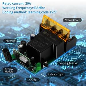 30A RF 433Mhz 무선 리모컨 스위치 AC 75-220V DC 9-72V 12V 24V 수신기 (워터 펌프 모터, 도어 액세스, LED 조명용)