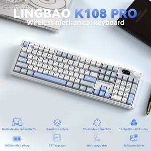 LINGBAO K108pro 기계식 키보드 트라이 모드 한국어 문자 마카롱 색상 PBT 키캡 10000mAh 대용량 배터리 컴퓨터용 PC용