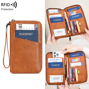 5인 가족용 가죽 여권 케이스, RFID 차단 기능이 있는 지퍼형 다중 여권 지갑, 여행 서류 정리함