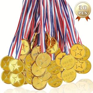 30pcs 리본이 달린 골드 플라스틱 우승 메달 생일 파티 호의 선물용 어린이 스타 메달 스포츠 대회 재능 쇼 교실용