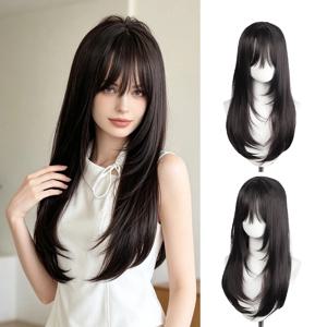 60cm 레이어드 블랙 롱 스트레이트 가발 (에어뱅 포함), 로리타 & JK 스타일 데일리 웨어용 풀캡 합성 섬유 가발