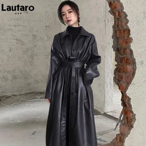 Lautaro 여성용 롱 블랙 쿨 PU 가죽 트렌치 코트, 싱글 브레스트 벨트, 느슨한 한국 패션, 도매 의류 2022, 가을