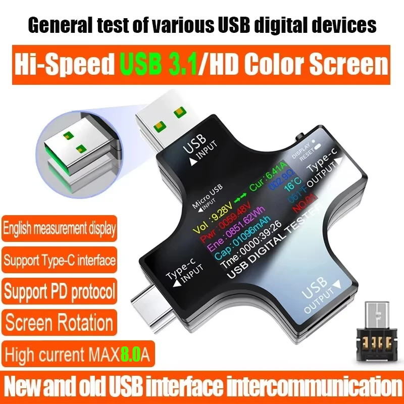 USB 테스터 DC Type-C PD 디지털 전압계 암페어 전압 전류 모니터 전류계 감지기 보조베터리 충전기 용량 측정기 8.0A