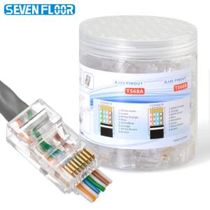 100개 RJ45 Cat6 패스스루 커넥터 RJ45 모듈러 플러그 솔리드 또는 연선형 UTP 케이블용 1.1mm 구멍