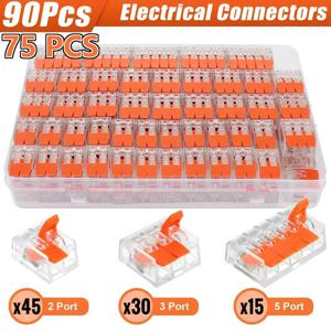 75/90PCS 미니 퀵 레버 와이어 케이블 커넥터 키트 범용 컴팩트 푸시인 터미널 블록 2/3/5 핀 스플라이싱 커넥터