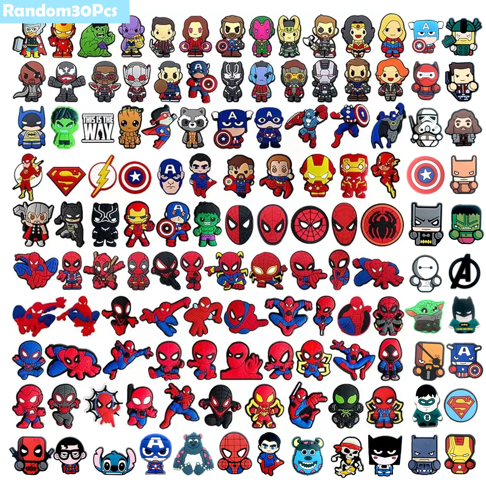 무작위 10/20/30Pcs 뜨거운 장난감 마블 스파이더 맨 시리즈 구두 매는 박제 신발, PVC 신발 DIY 장식 프리미엄 품질 액세서리