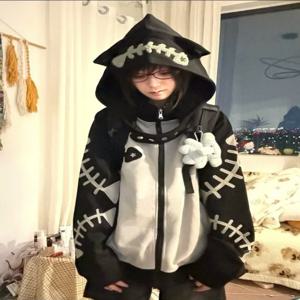 일본 서브컬쳐 패치워크 루즈 후디 여성 캐주얼 펑크 긴팔 스윗 빈티지 재킷 고딕 펑크 자수 스웨트셔츠