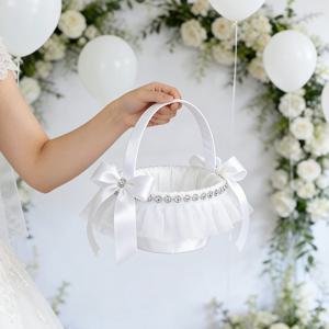 우아한 흰색 레이스 웨딩 플라워 걸 바구니, 라인스톤과 새틴 리본 장식, 브라이덜 샤워 및 결혼식 장식