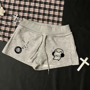뮤직 캣 프린트 드로스트링 여성 반바지 신축성 있는 허리 스포츠 솔리드 컬러 반바지 여름 카와이 패션 와이드 레그 여성 의류