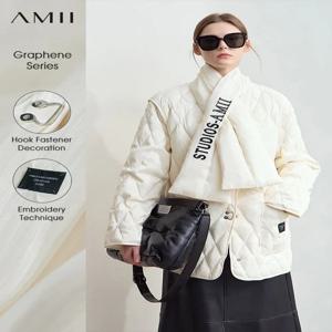 AMII 여성용 미니멀리스트 2024, 따뜻한 브이넥 단색, 글자 자수 스카프, 마름모 다운 재킷, 12444050 겨울 신상
