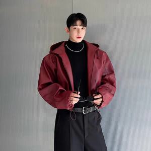 Mauroicardi 봄 가을 짧은 방수 블랙 Pu 가죽 자켓 남자 후드 지퍼 높은 허리 느슨한 캐주얼 한국 패션 2025