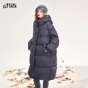 ELFSACK 미니멀리스트 캐주얼 핑크 퍼플 컬러 블록 후드 퍼피 롱 다운 코트 여성용