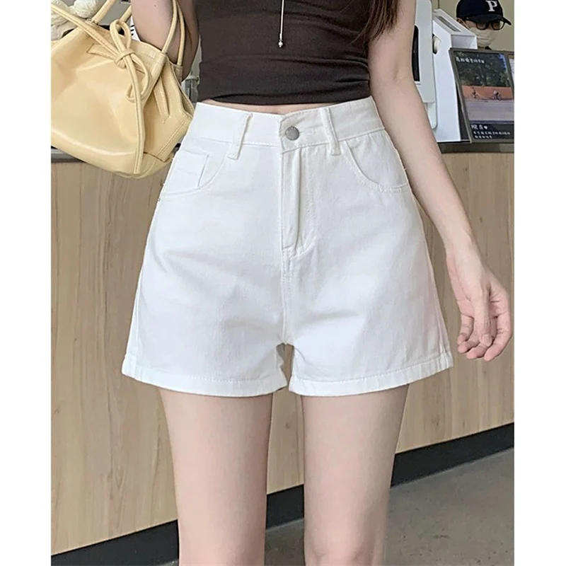 여름 여성 클래식 한국 스타일 얇은 청바지 여성 단색 하이웨이스트 데님 반바지 소녀 패션 레저 데일리 숏팬츠
