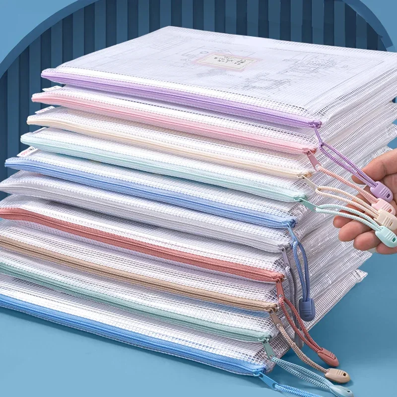 지퍼 메쉬 가방 A4/A5 플라스틱 지퍼 가방 정리용 방수 투명 여행 가방 사무용품 문서, 색상 랜덤