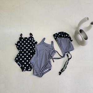 유아 여아 민소매 수영복 원피스 홀터넥 수영복 꽃무늬, 도트무늬, 체크무늬 통기성 속건 수영복