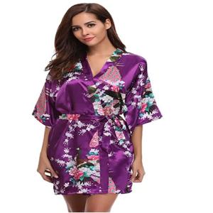 브랜드 보라색 여성 인쇄 꽃 기모노 드레스 가운 중국 스타일 실크 새틴 가운 잠옷 꽃 S M L XL XXL XXXL