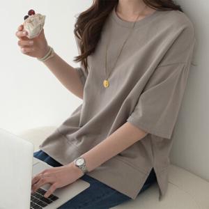 르테인 여성 라운드넥 오버핏 루즈핏 반팔 무지 트임 레이어드 맨투맨 티셔츠