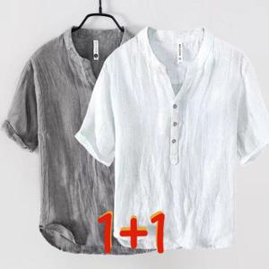 1+1 린넨 남성 반팔티 여름 얇은 티셔츠 상의 면 마 시원한 남자복 브이넥 셔츠 m-5xl
