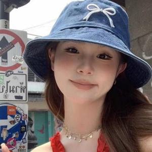 리본 자수 청 데님 여성 벙거지 여름 버킷햇 모자 WFNRXSI